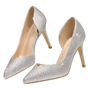 Glitter Pointed Toe Stiletto Heels Silver Pumps